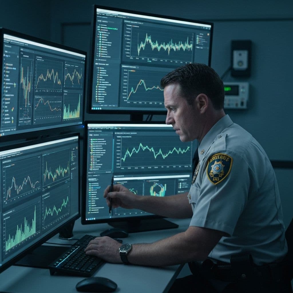 Law enforcement officer conducting cryptocurrency investigation with blockchain analysis tools