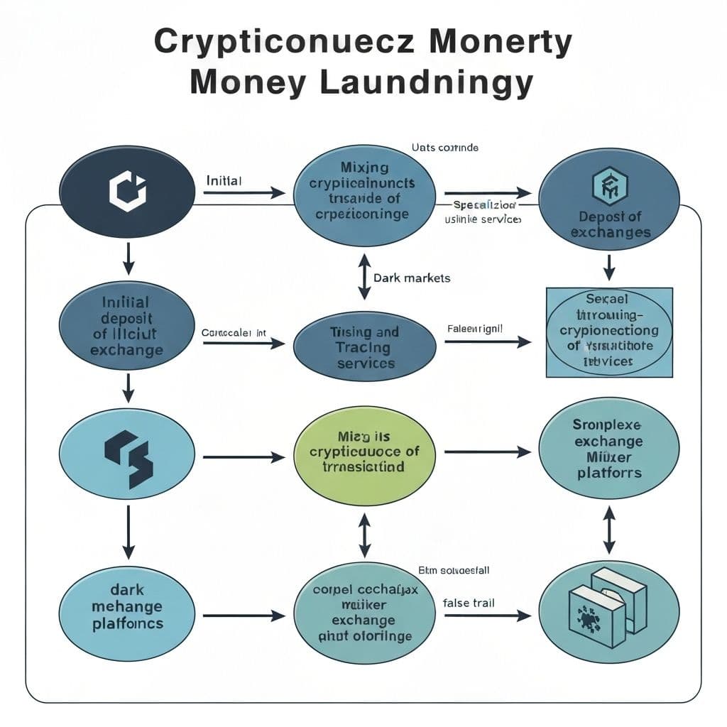 Cryptocurrency money laundering flow showing funds moving through mixers and exchanges