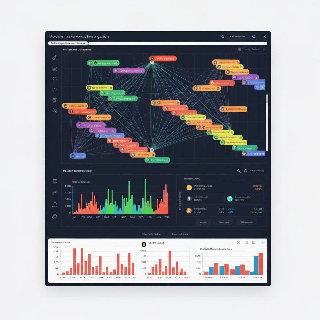 Blockchain forensics investigation dashboard with transaction graphs and analytics